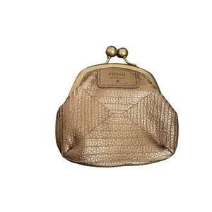 Fossil Metallic Leather Kiss Lock Coin Purse Wallet Brass Frame